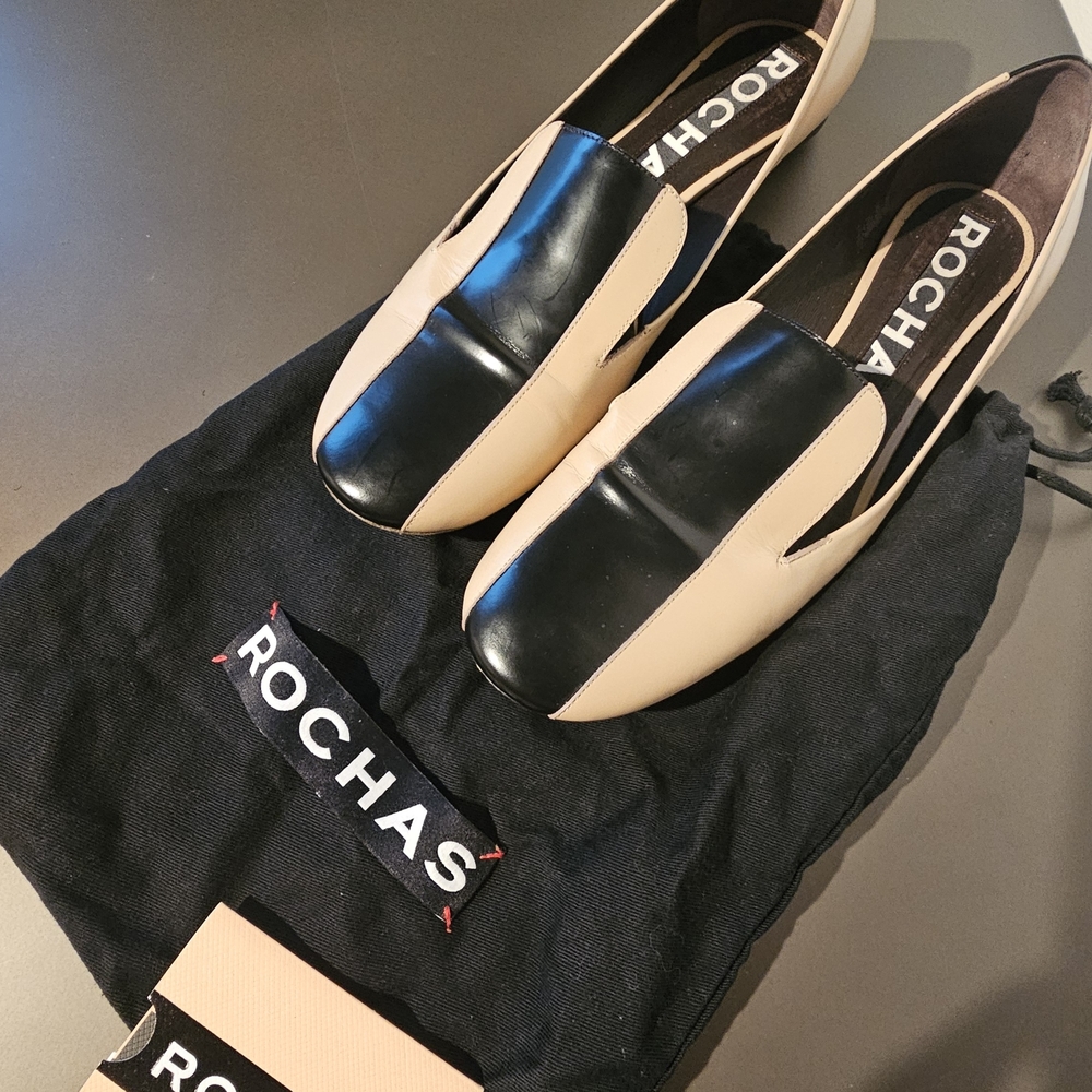 EUC Rochas ITALIAN LEATHER Black and Tan Loafers Sz 9 Colorblock